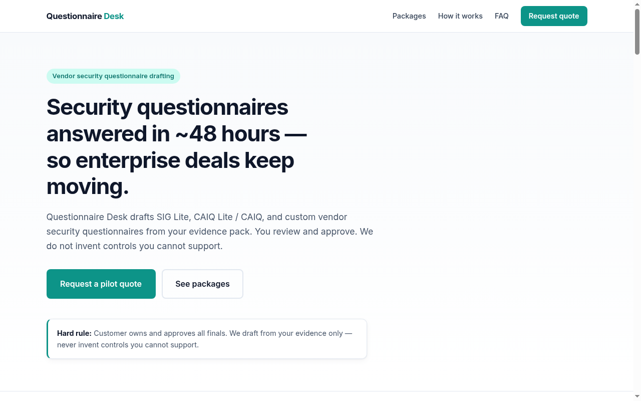 Questionnaire Desk landing page